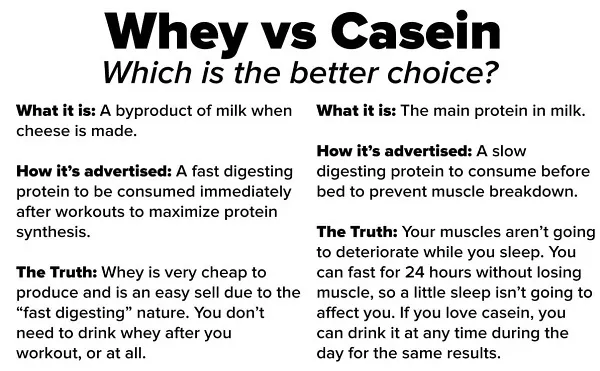 Whey hấp thu nhanh còn Casein hấp thu chậm nên dùng vào ban đêm là tốt nhất
